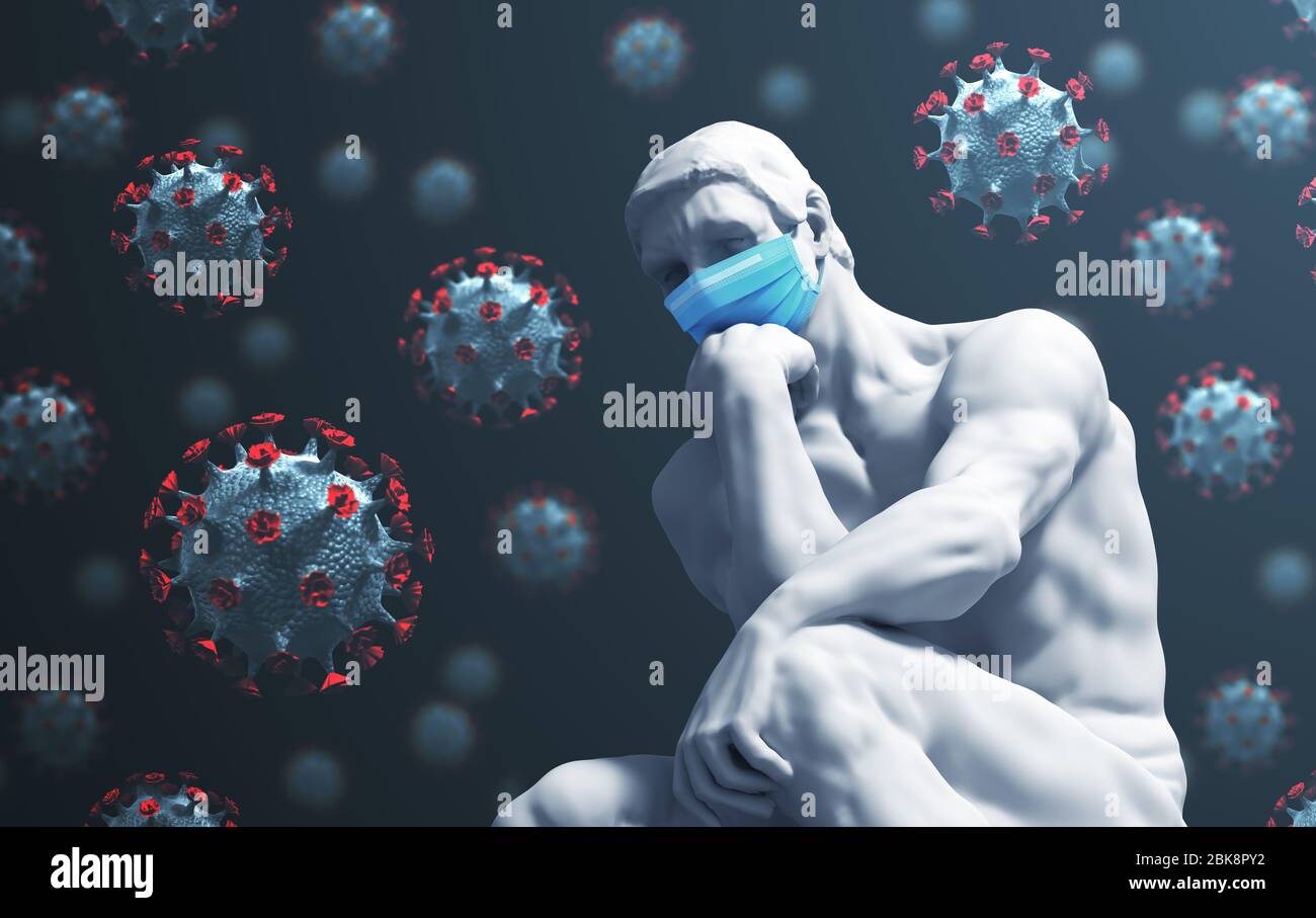 Escultura Pensador en Máscara médica sobre Coronavirus Antecedentes Foto de stock
