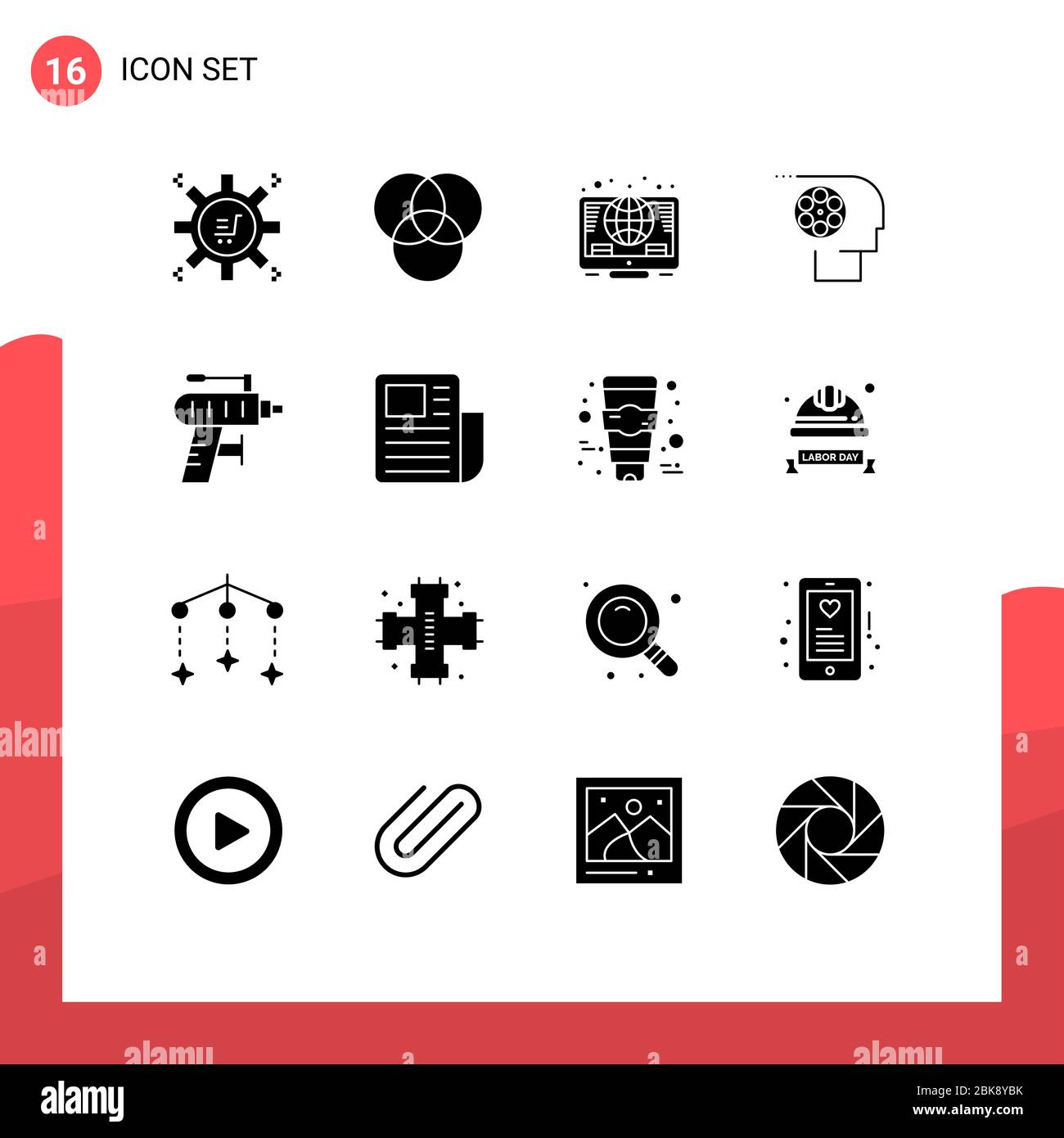 Conjunto de 16 iconos modernos de la interfaz de usuario símbolos signos para perforar, perforar, monedas, perforar, película elementos de diseño vectorial editables Ilustración del Vector