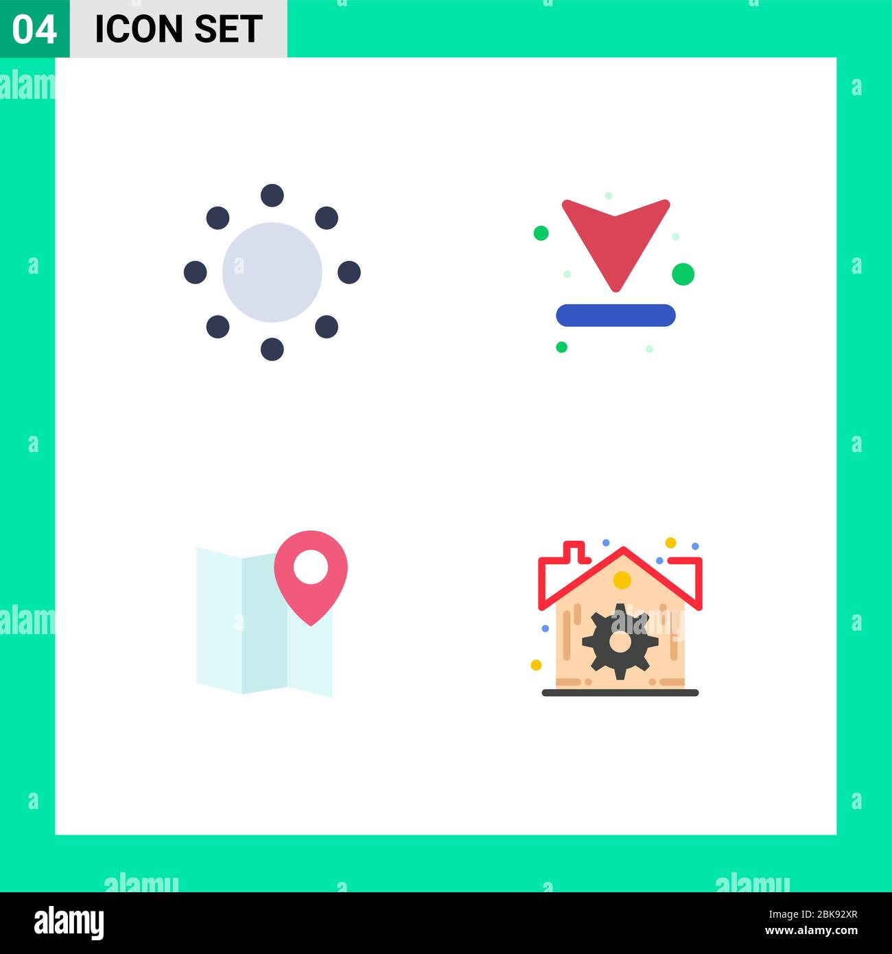 Paquete de interfaz de usuario de 4 iconos planos básicos de compromiso, mapa, símbolos, arriba, pin elementos de diseño vectorial editables Ilustración del Vector