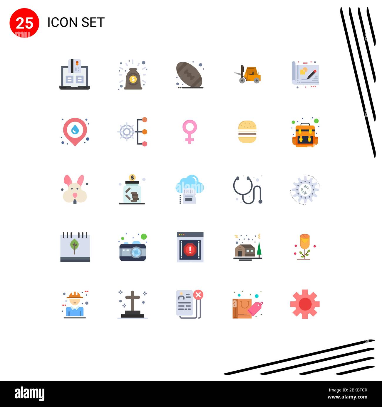 25 interfaz de usuario Color plano Pack de signos y símbolos modernos de negocios, transporte, reparto, camión, elevador elementos de diseño vectorial editables Ilustración del Vector