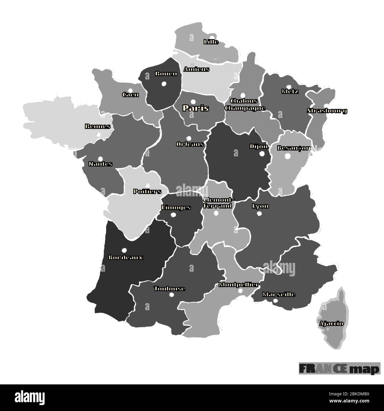Mapa de Francia ilustración gráfica brillante. Dibujo hecho a mano. Ilustración en blanco y negro. Foto de stock