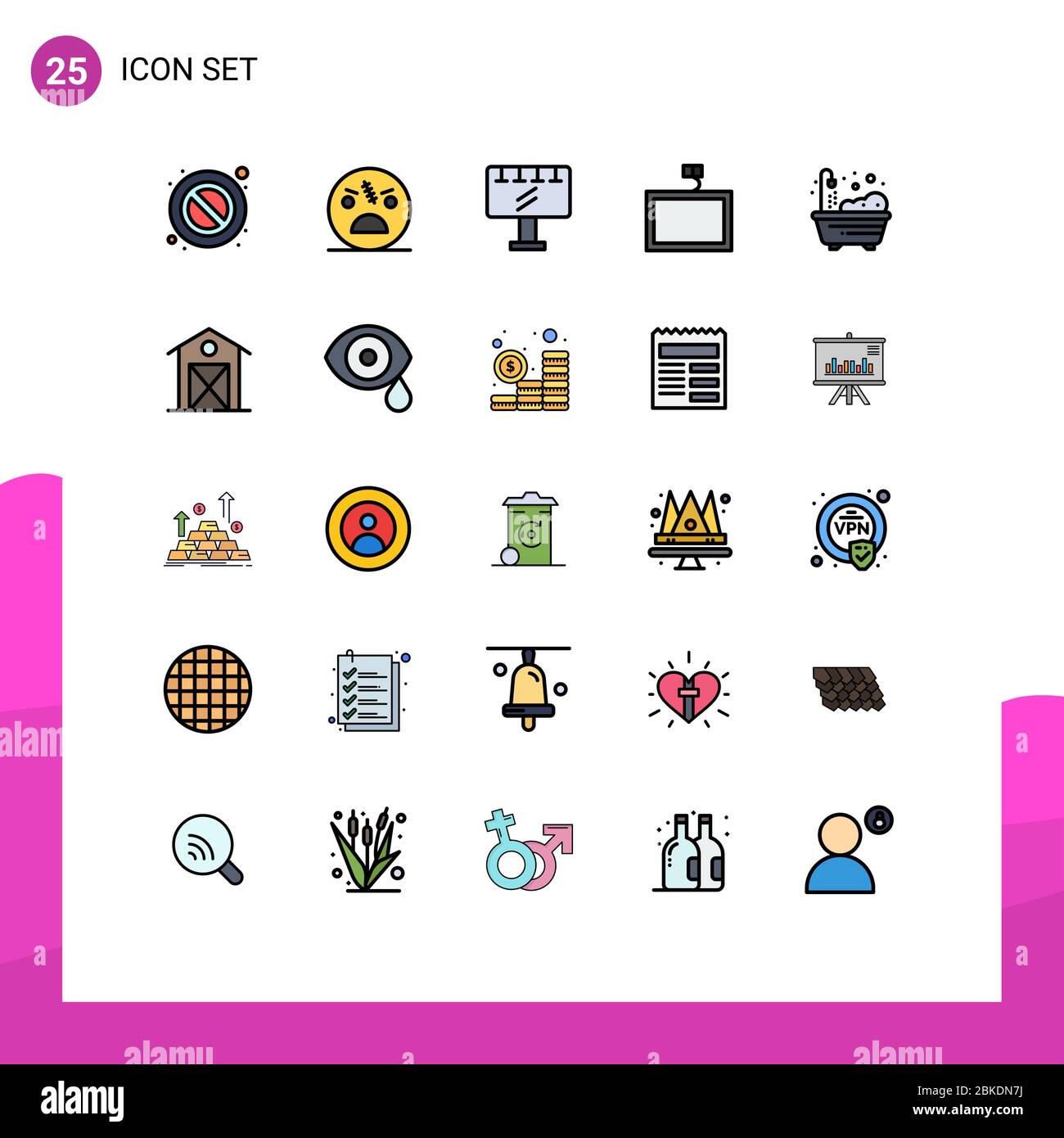 Moderno Conjunto De 25 Colores Planos De Linea Rellena Y Simbolos