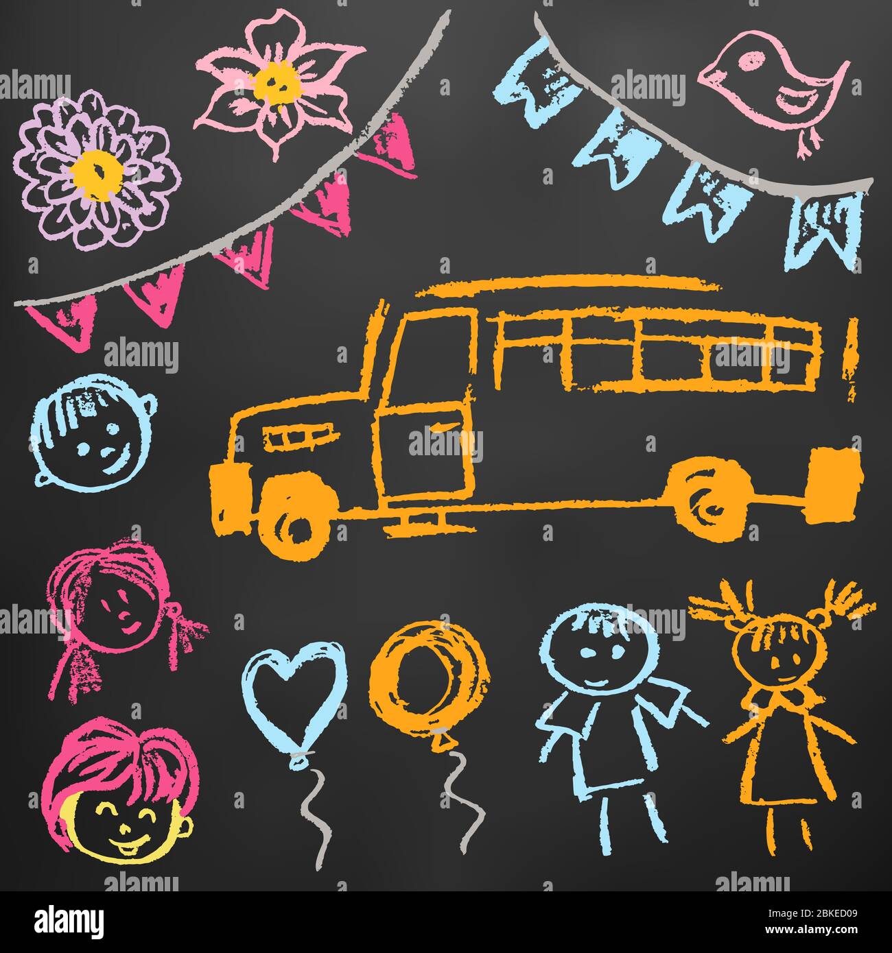 Dibujos para niños. Elementos para el diseño de postales, fondos,  embalajes. Tiza de color en una pizarra. Autobús escolar, niños, personas,  banderas Imagen Vector de stock - Alamy