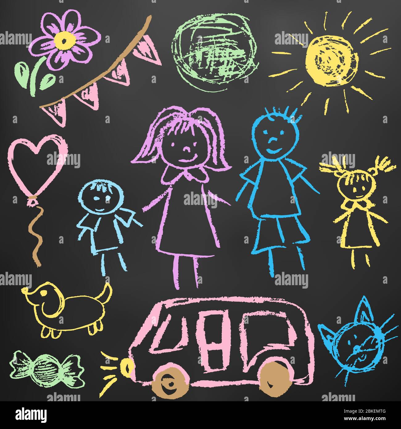 Dibujos para niños. Elementos para el diseño de postales, fondos,  embalajes. Tiza de color en una pizarra. Familia, sol, pelota, perro,  coche, gato Imagen Vector de stock - Alamy
