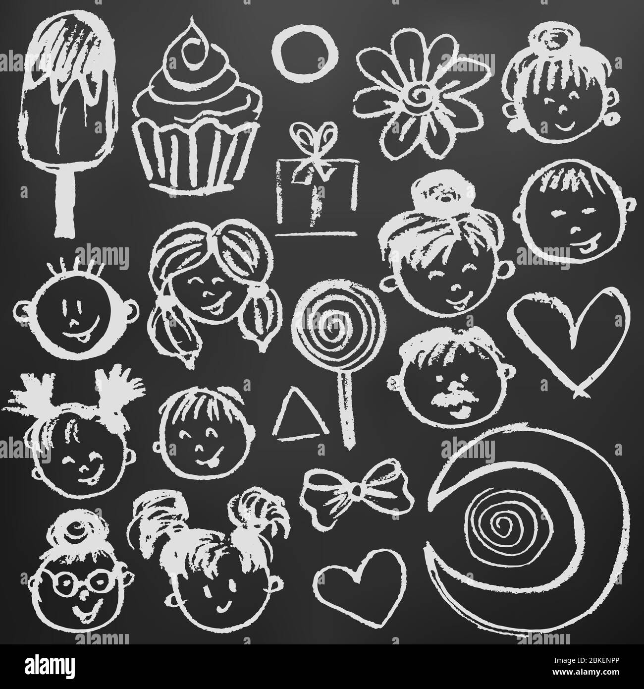 Establezca elementos para su creatividad. Dibujos infantiles con tiza  blanca sobre fondo negro. Personas, rostros, niños, helados, cupcake Imagen  Vector de stock - Alamy