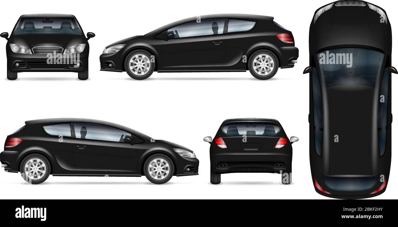 Negro hatchback coche vector mascup en blanco para la Marca del vehículo, la identidad corporativa. Vista desde el lateral, frontal, posterior y superior. Todos los elementos de los grupos Ilustración del Vector