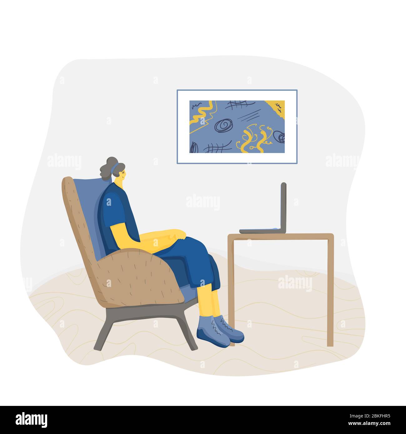 Mujer sentada en una silla cómoda y viendo una película en el ordenador.  Personaje femenino vestido con ropa informal pasando tiempo libre solo con  el portátil y soc Imagen Vector de stock -