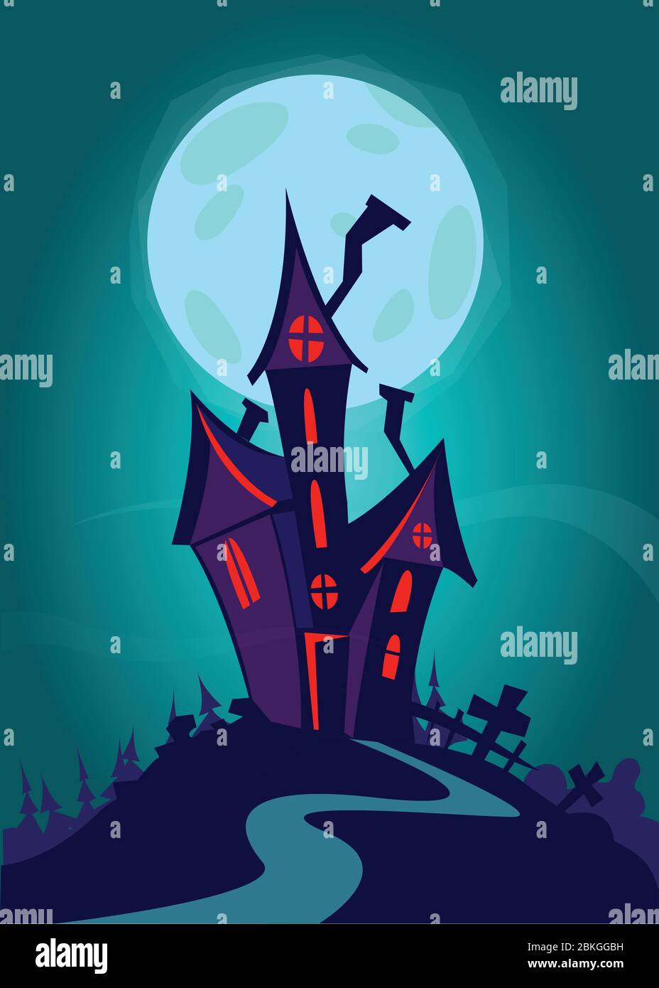 El antiguo castillo embrujado en la colina con luna llena detrás.  Ilustración de fondo de Halloween Imagen Vector de stock - Alamy