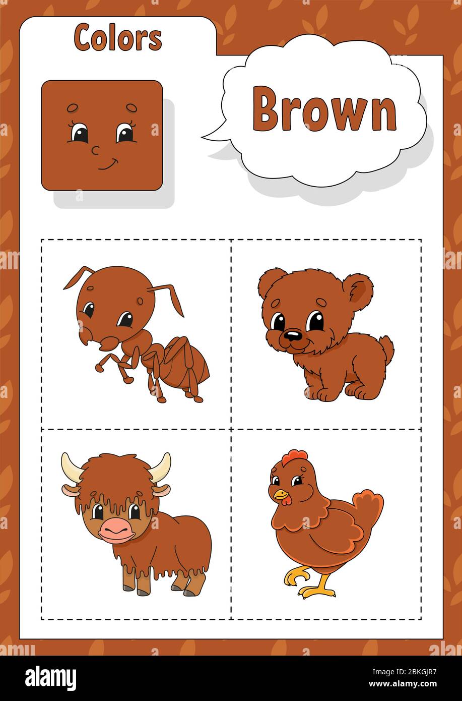 Aprendizaje de colores. Color marrón. Tarjeta Flash para niños. Personajes  de dibujos animados bonitos. Conjunto de imágenes para preescolares. Hoja  de trabajo de educación. Ilustración vectorial Imagen Vector de stock -  Alamy