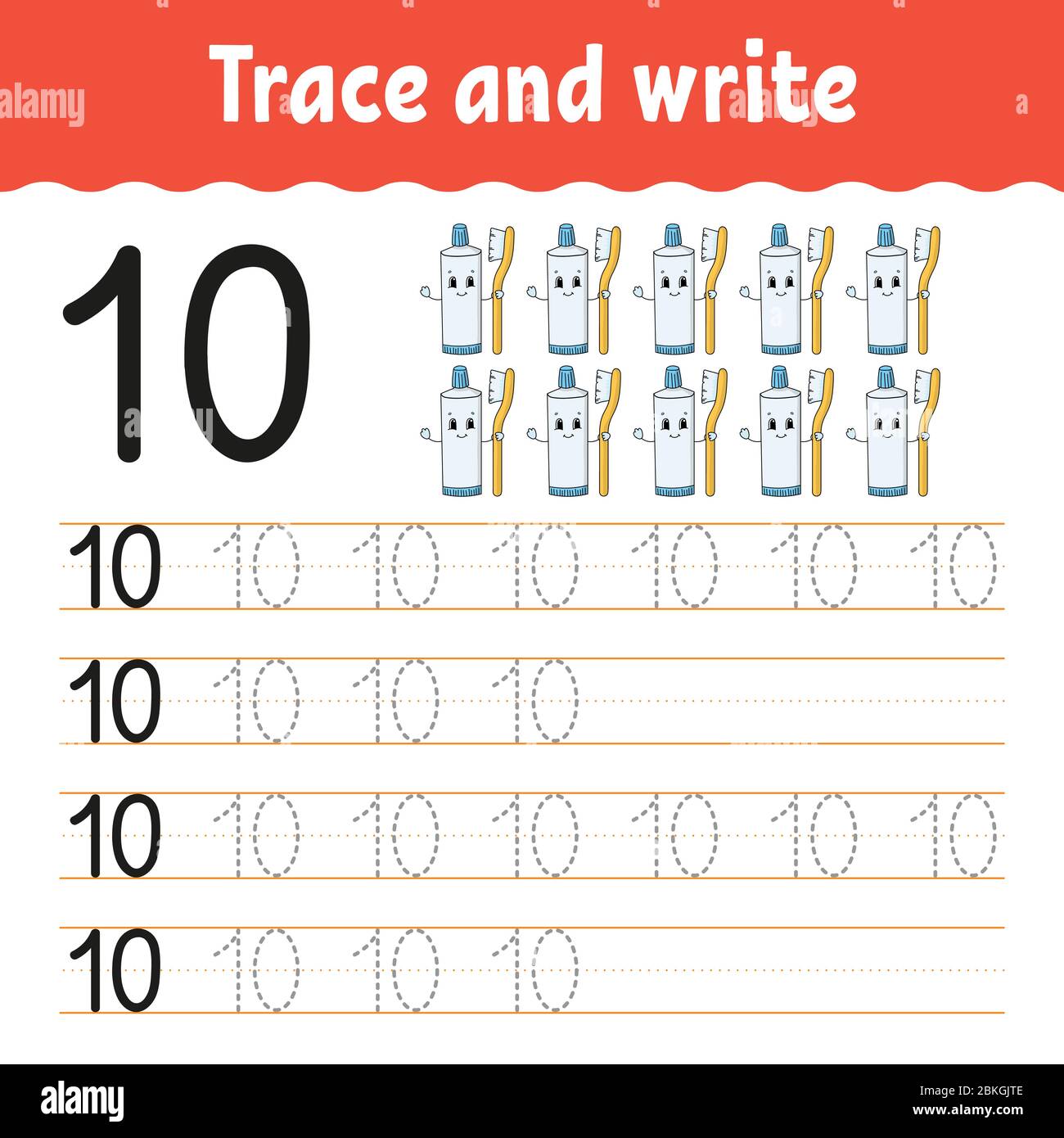 Rastrear y escribir. Número 10. Práctica de escritura a mano. Aprender  números para niños. Hoja de trabajo de actividad. Personaje de dibujos  animados Imagen Vector de stock - Alamy