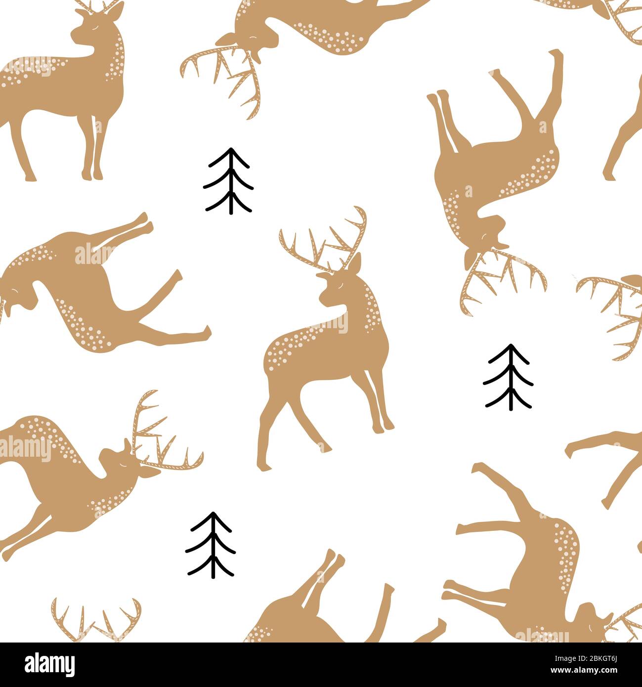 Diseño navideño sin costuras. Siluetas de ciervos marrones con símbolos de árbol negro en un patrón repetitivo con un fondo transparente. Adecuado para imprimir Foto de stock