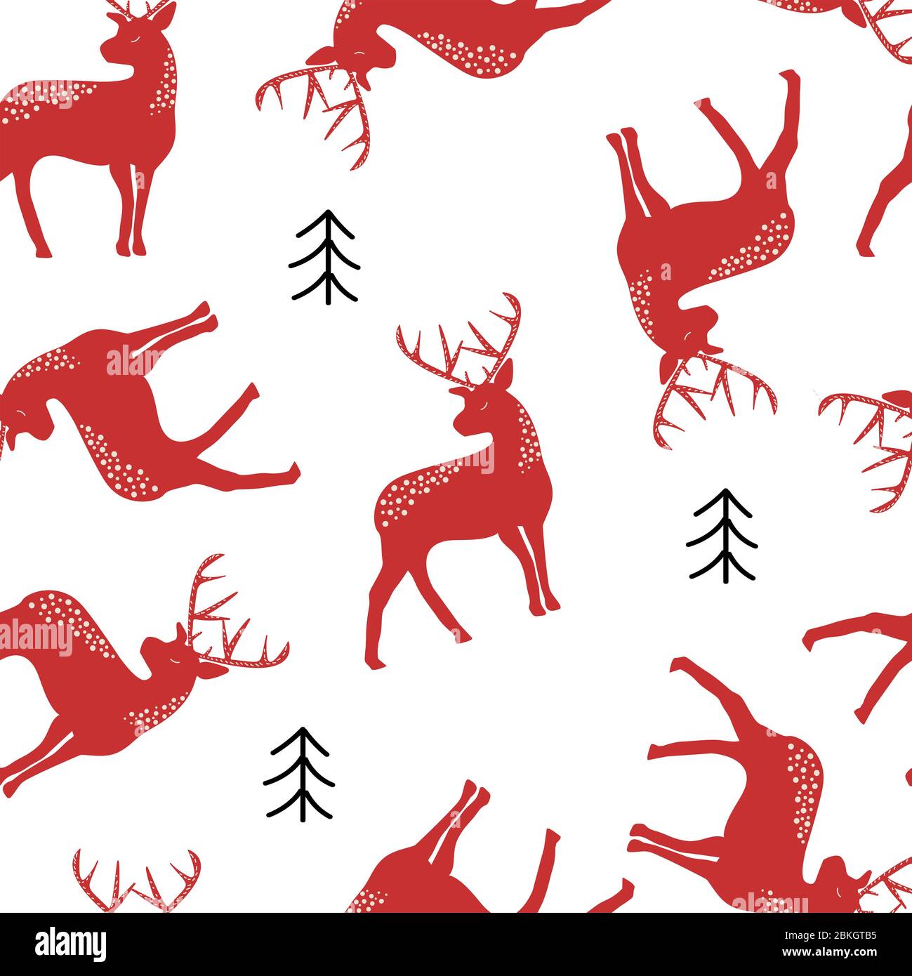 Diseño navideño sin costuras. Siluetas de ciervos rojos con símbolos de árbol negro en un patrón repetitivo sobre un fondo blanco. Adecuado para imprimir papel de embalaje Foto de stock