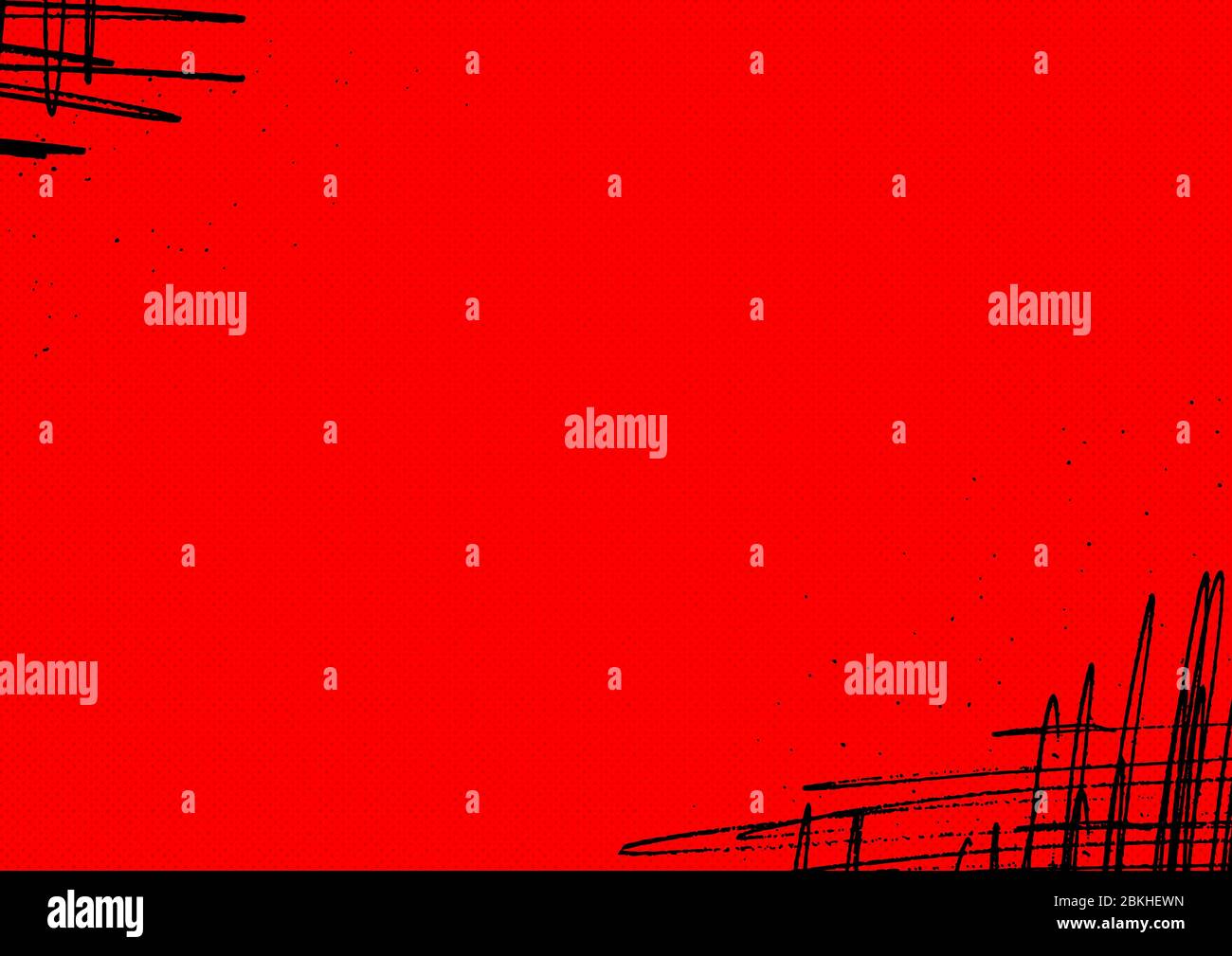 Un fondo de diseño retro de paisaje rojo vibrante con trazos de garabatear en las esquinas y un patrón de puntos de semitonos de color Foto de stock
