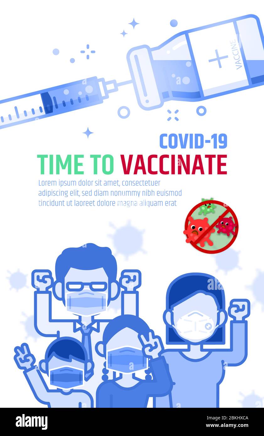 Ilustración vectorial de póster Vaccinate. Vial de vacuna dosis inyección de humos de inyección de diseño plano. Publicidad a personas, hospital como folleto, folleto. Para Co Ilustración del Vector
