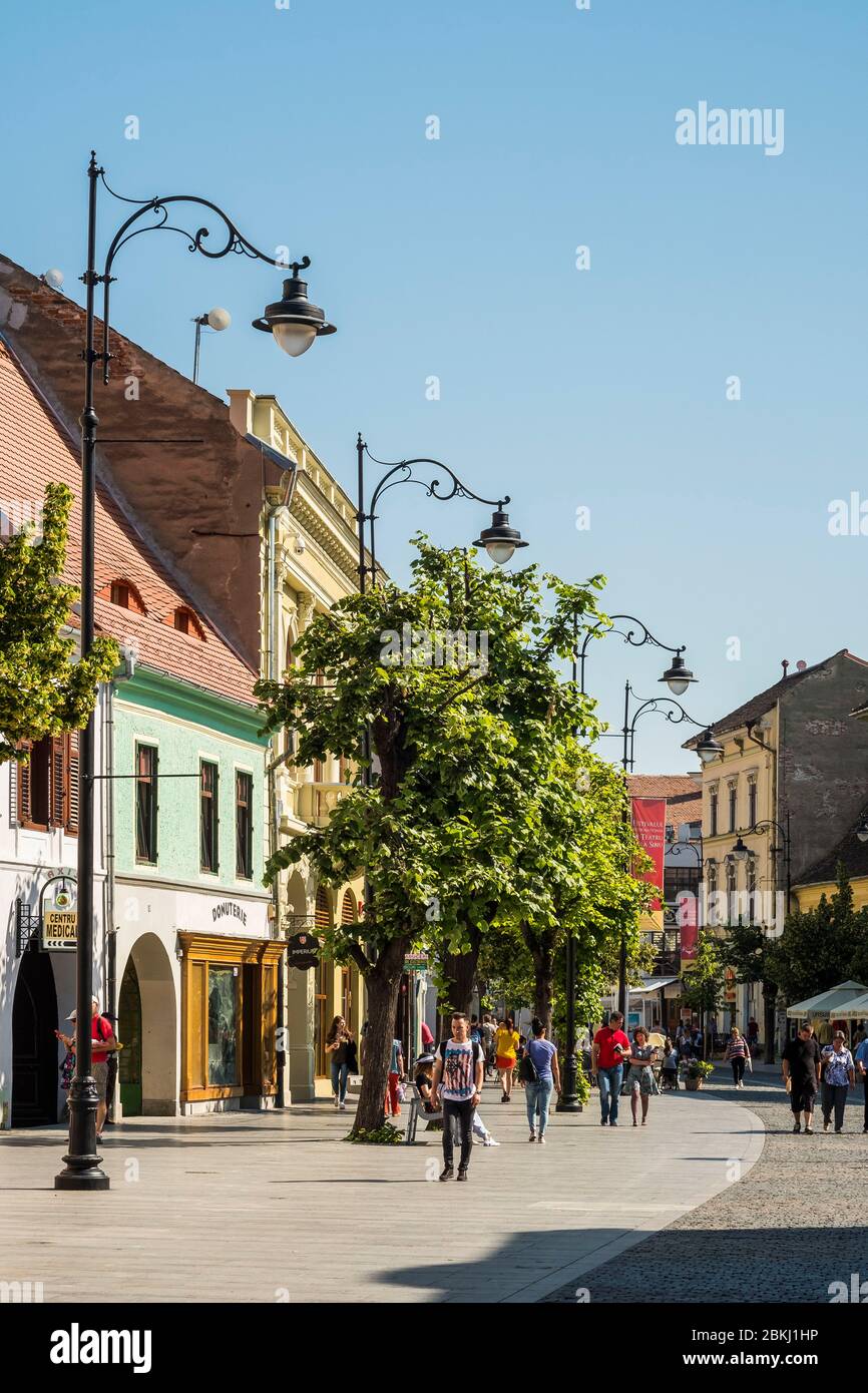 Rumania, Sibiu judet, Transilvania, Cárpatos, Sibiu, el casco antiguo, una calle comercial Foto de stock