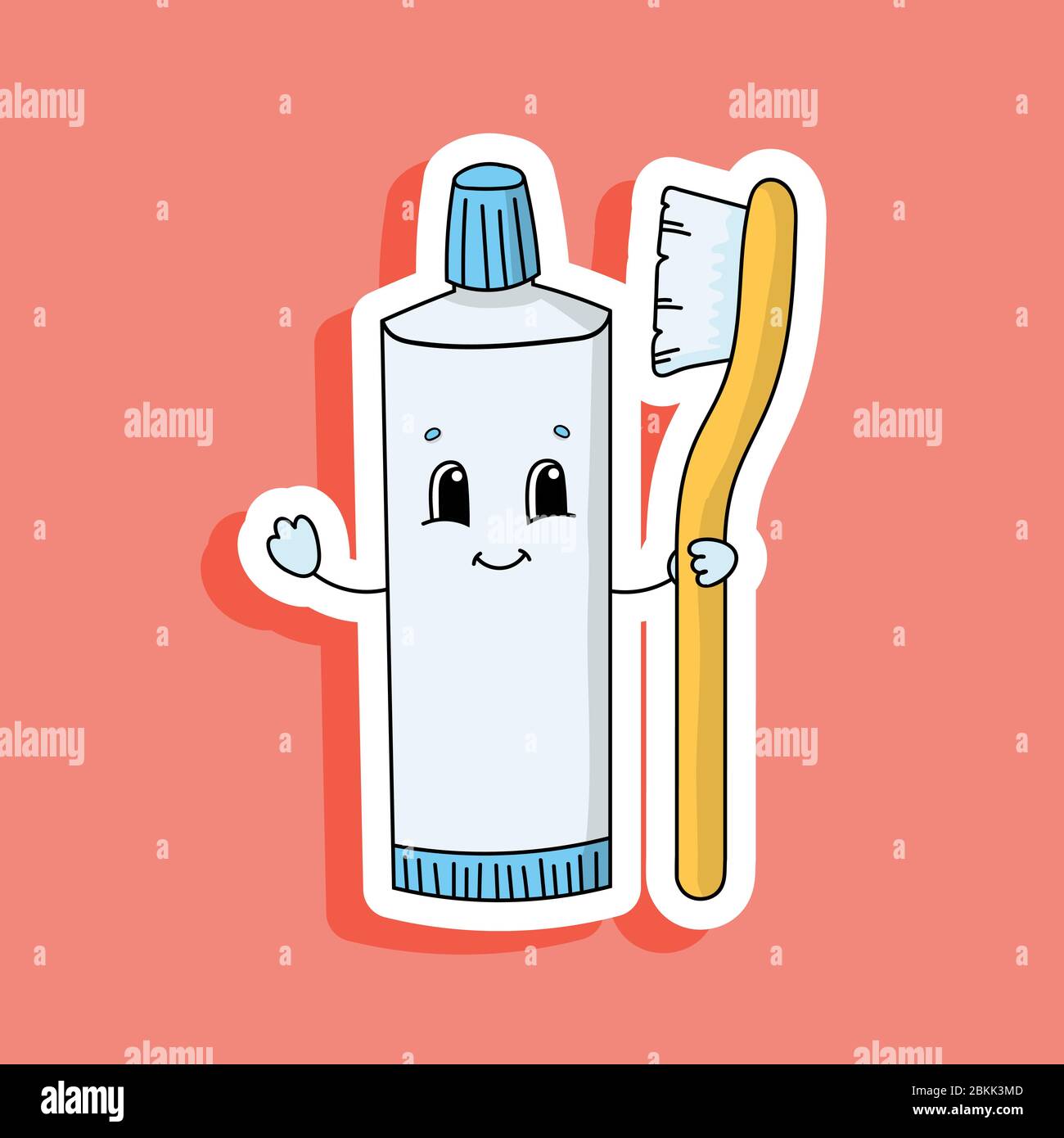 Pasta dental tubo con cepillo de dientes. Pegatina de color brillante.  Personaje de dibujos animados. Ilustración vectorial. Elemento de diseño.  Con contorno blanco Imagen Vector de stock - Alamy