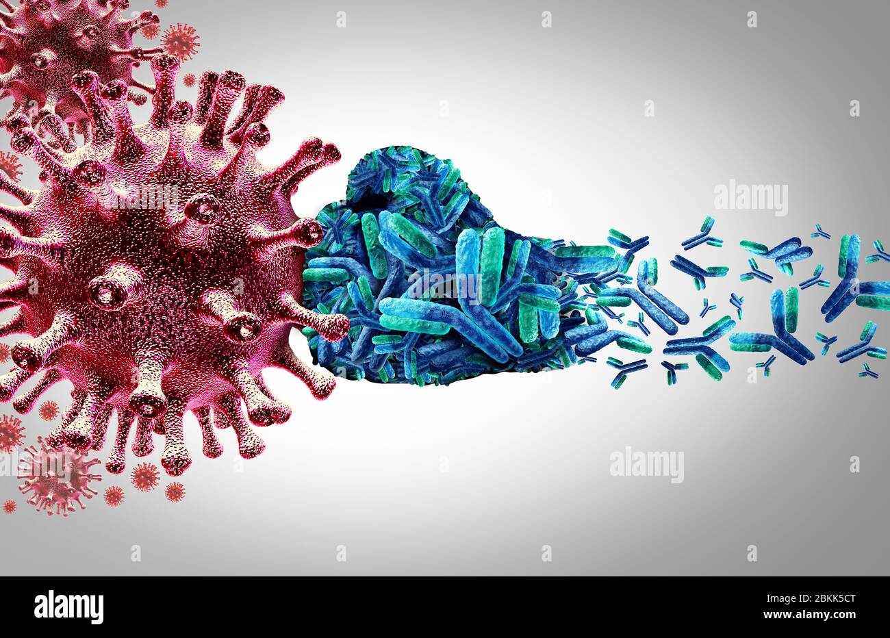 Anticuerpo vírico e inmunoglobulina concepto como anticuerpos que atacan a las células víricas contagiosas y patógenos como ilustración 3D. Foto de stock