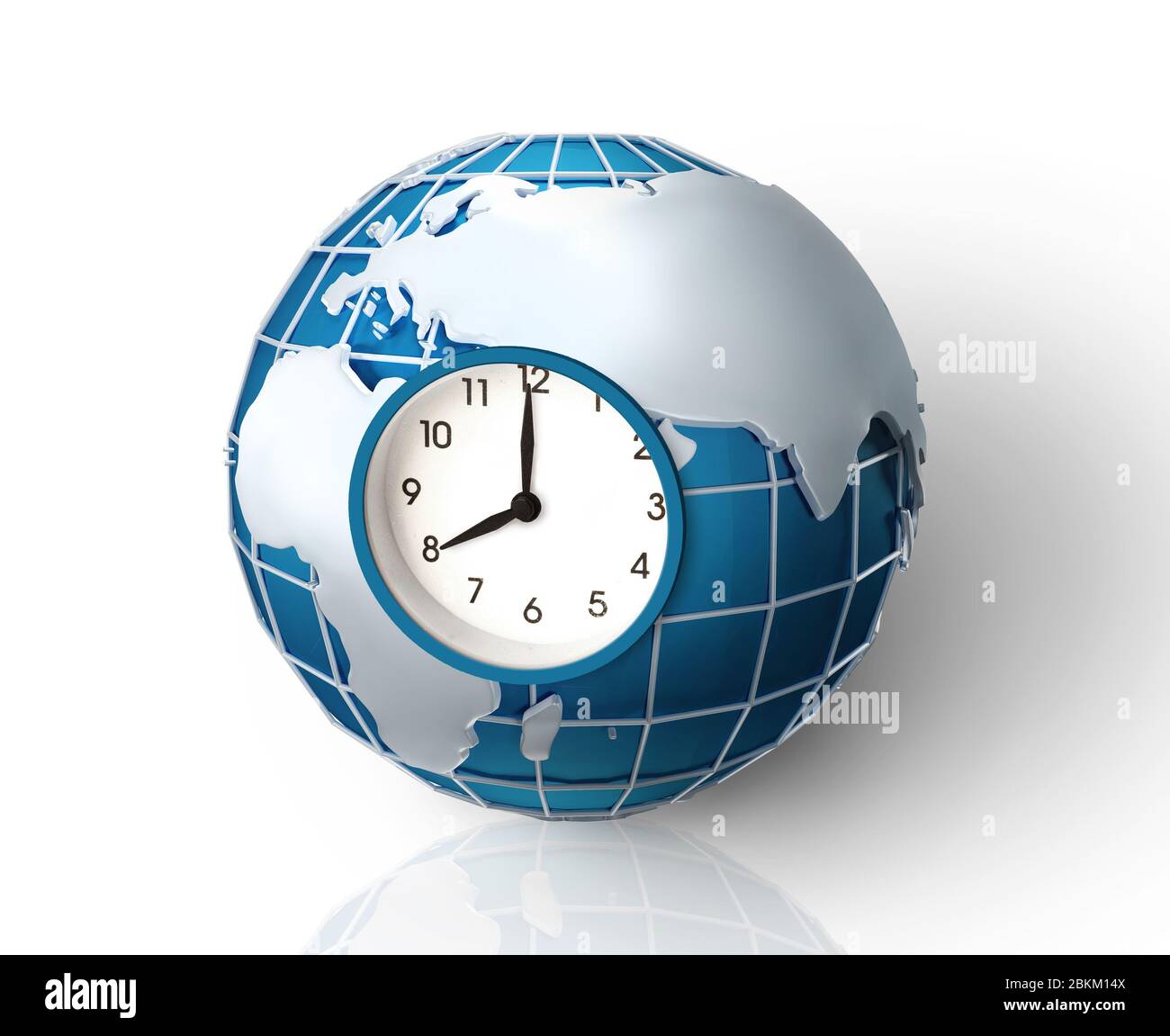 Concepto de tiempo global. Collage de planeta Tierra con reloj dentro de ella, aislado en blanco Foto de stock