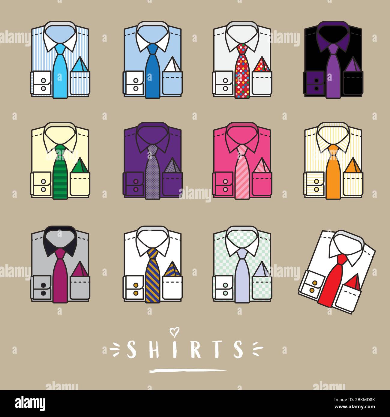 Camisas plegadas con corbatas y cuadrados de bolsillo ilustración  vectorial. Elección de trajes de negocios y ocio. Símbolo de moda Imagen  Vector de stock - Alamy