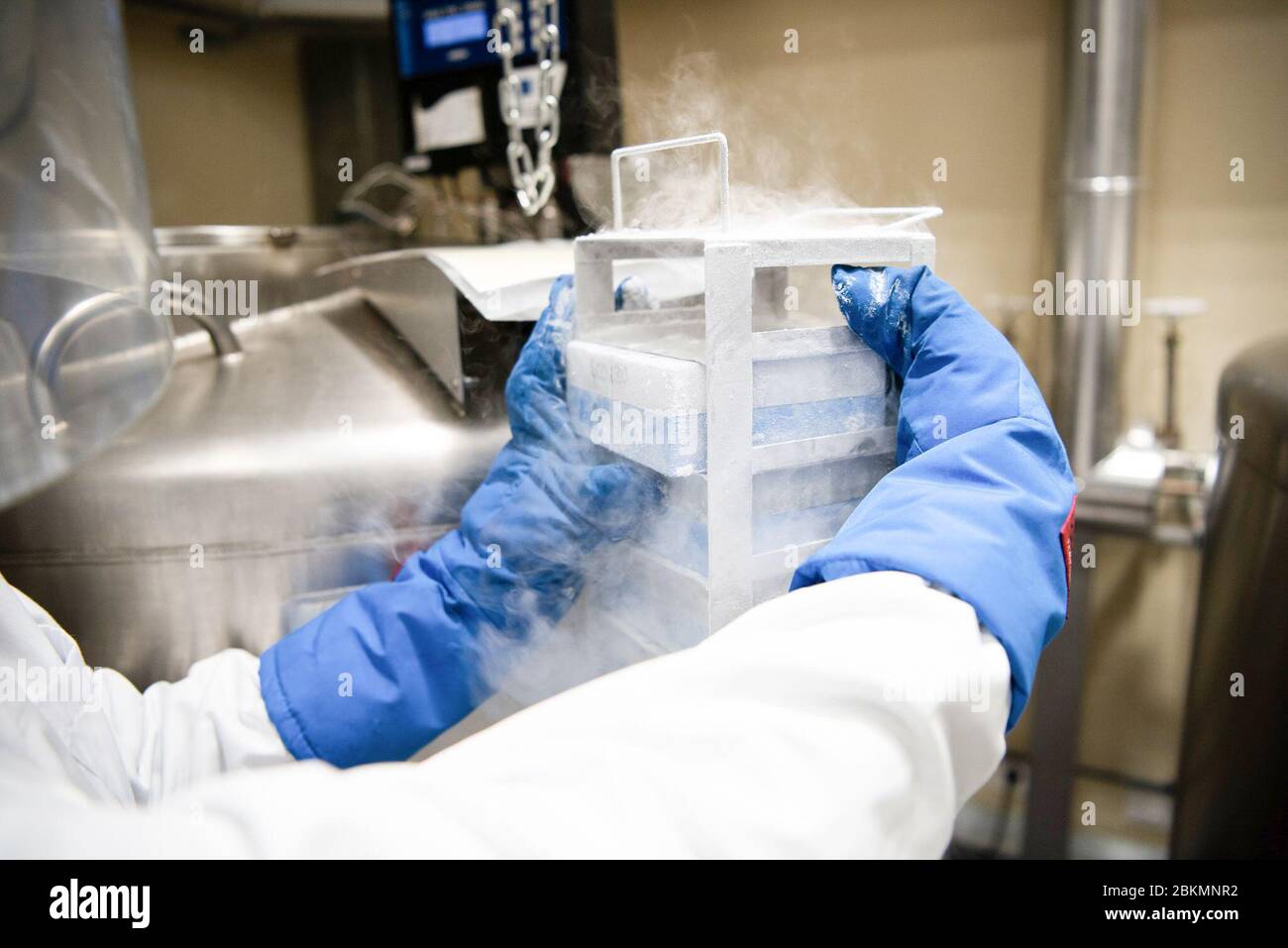 Barcelona, España. 4 de mayo de 2020. Un investigador guarda muestras de pacientes COVID-19 para una investigación adicional sobre la enfermedad en el Instituto de Investigación Biomédica August Pi i Sunyer (IDIBAPS) de Barcelona, España, el 4 de mayo de 2020. Crédito: Francisco Avia/Xinhua/Alamy Live News Foto de stock