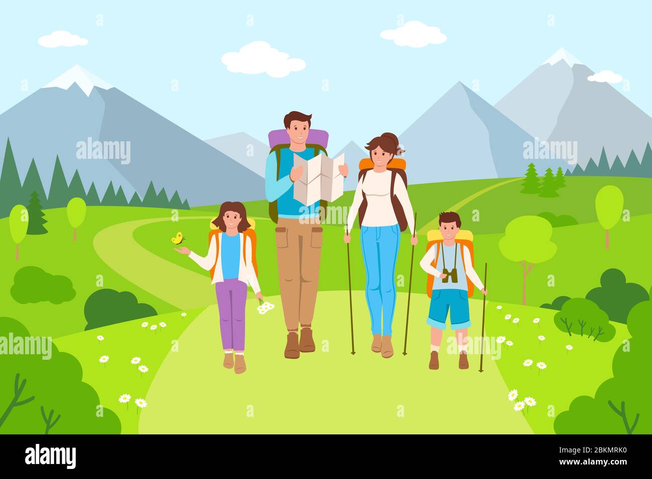 Feliz familia senderismo paisaje de montaña dibujos animados personas