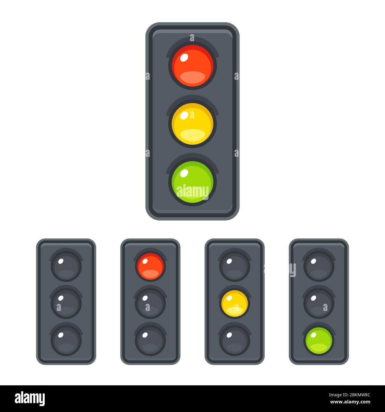 El icono de semáforo se ha establecido con luces rojas, amarillas y verdes. Ilustración de imágenes prediseñadas vectoriales en un estilo de dibujos animados sencillo. Ilustración del Vector