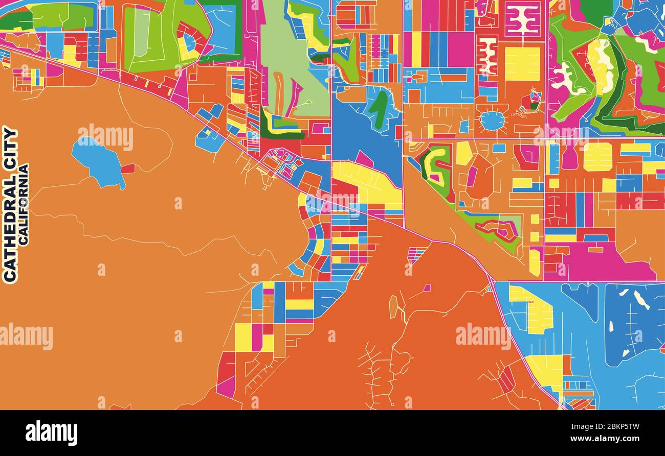 Mapa vectorial colorido de Cathedral City, California, Estados Unidos de América. Plantilla Art Map para autoimprimir gráficos de pared en formato horizontal. Ilustración del Vector