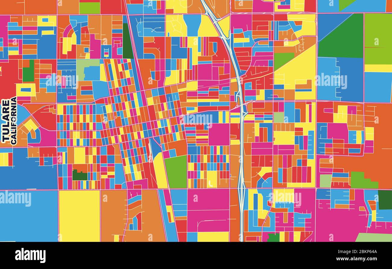 Mapa vectorial colorido de Tulare, California, EE.UU. Plantilla Art Map