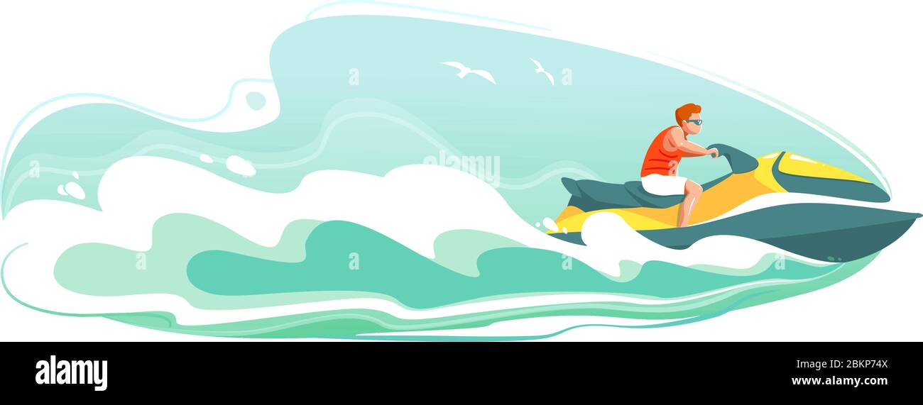 Diseño de cubierta de paisaje de jetski. Hombre paseo hidrociclo en el mar vector póster. Deportes acuáticos fondo aislado. Vacaciones de verano en Aquabike carro de olas del océano Ilustración del Vector