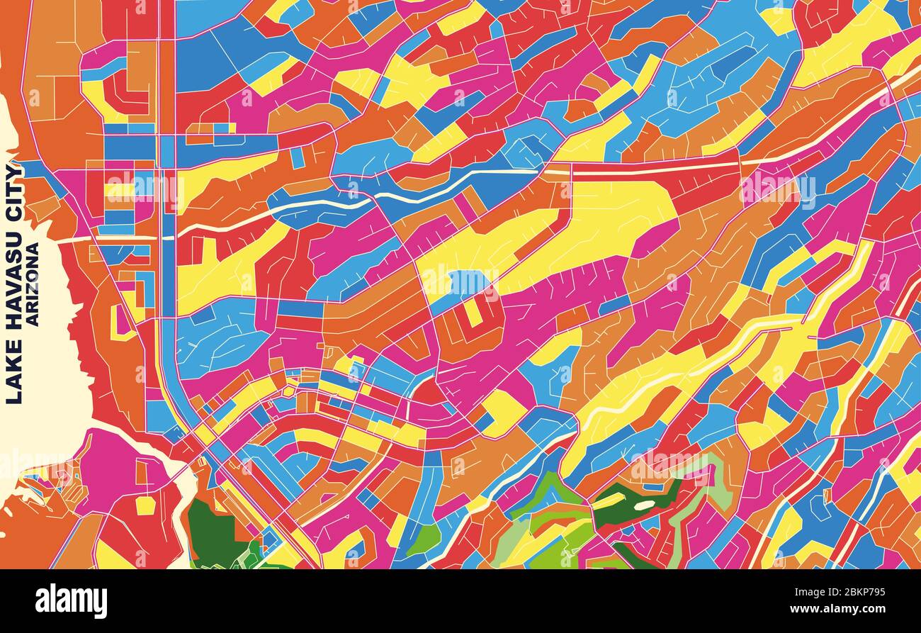 Mapa vectorial colorido de la ciudad de Lake Havasu, Arizona, Estados Unidos de América. Plantilla Art Map para autoimprimir gráficos de pared en formato horizontal. Ilustración del Vector