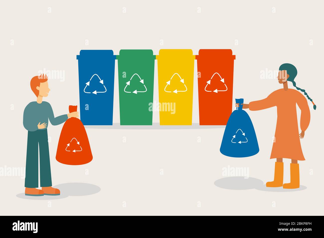 Personajes de la gente que clasifican rubbish en diferentes contenedores o contenedores de reciclaje para reducir la contaminación Foto de stock