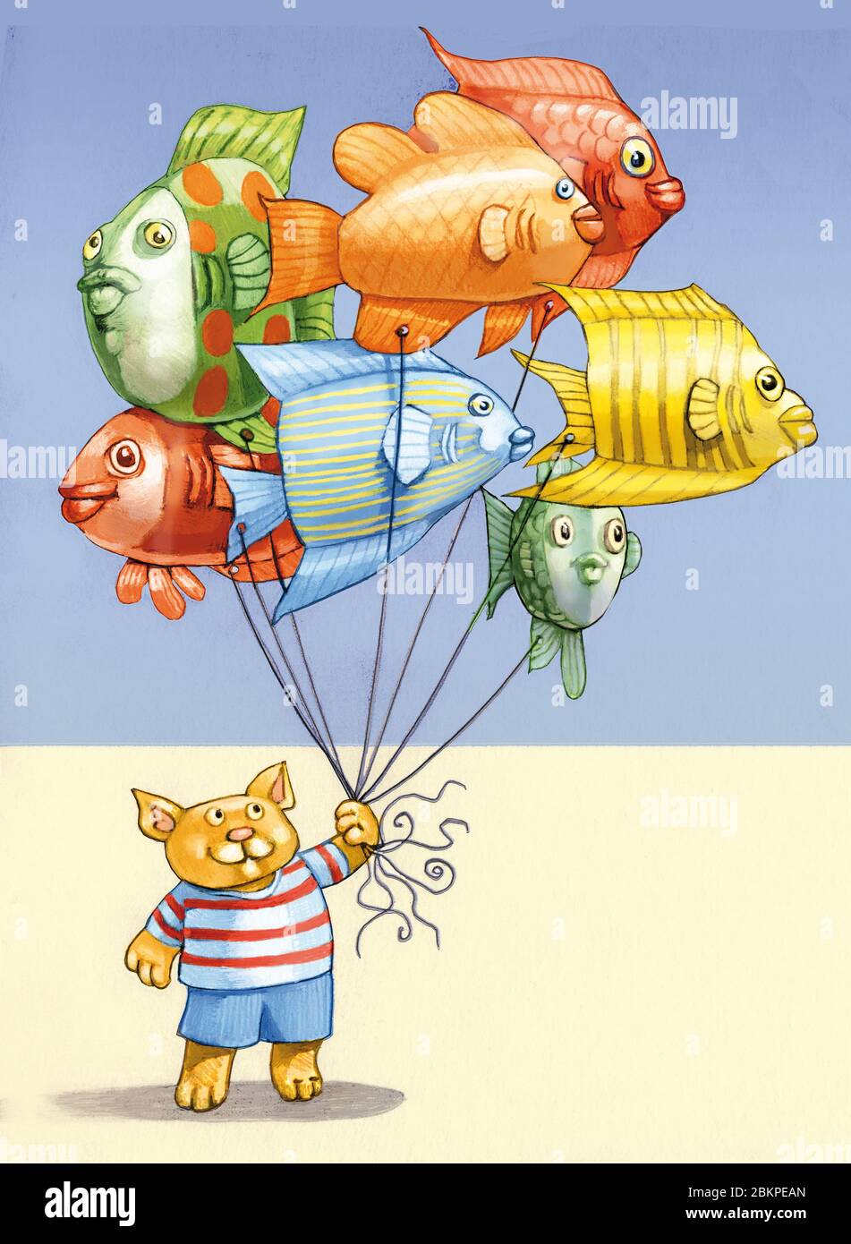 un gato vestido como un niño sostiene los hilos de tantos globos en forma de pez alegoría de deseo que forma el mundo Foto de stock
