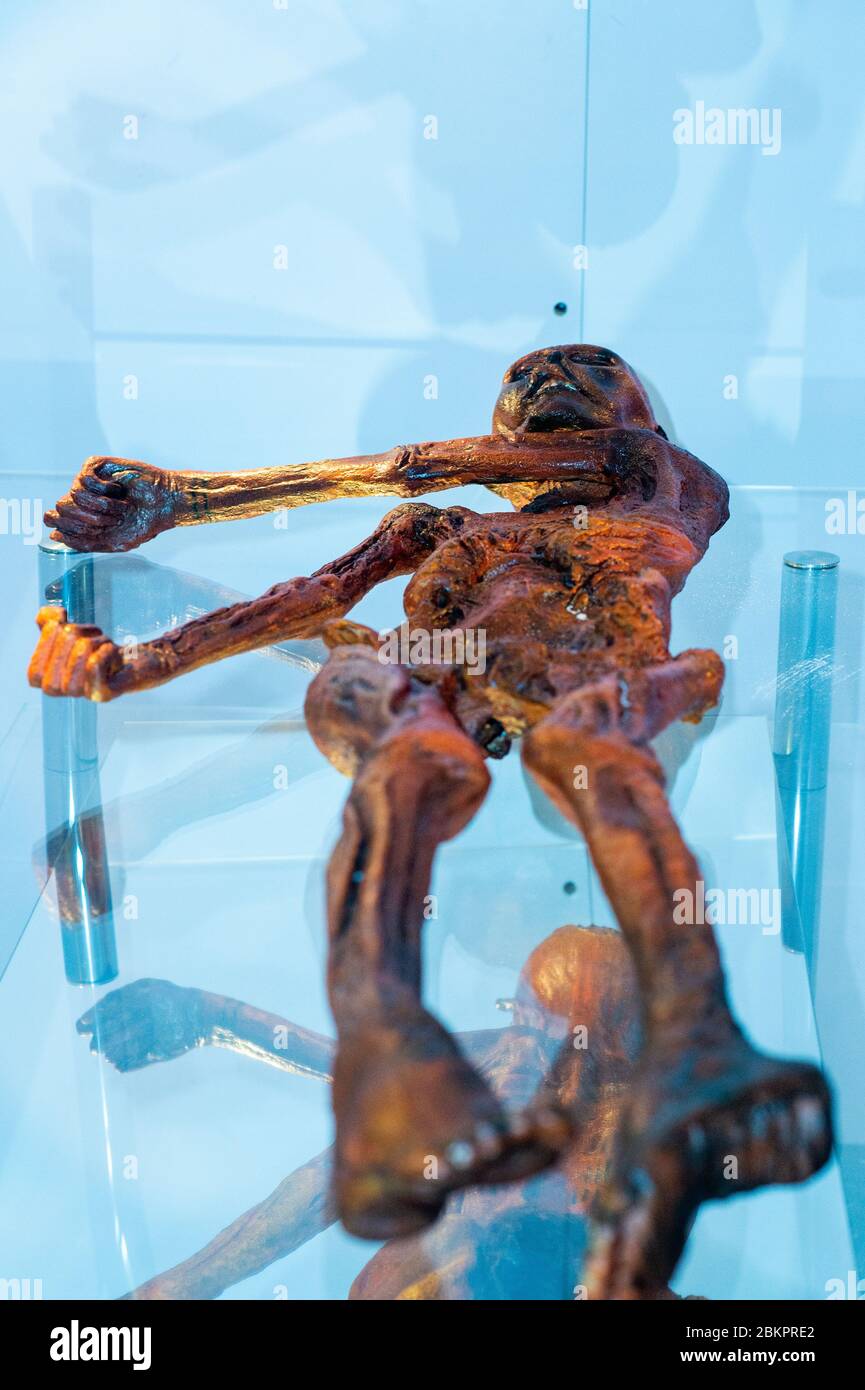 05 de mayo de 2020, Sajonia-Anhalt, Magdeburg: Una réplica del hombre de la Edad de Piedra 'Ötzi', descubierto en los Alpes de Ötztal en 1991, se puede encontrar en el Museo de Historia Natural en la exposición Ötzi. El Iceman' en una réplica de una cámara fría. La exposición debería haber abierto el 20 de marzo de 2020, pero el museo tuvo que cerrar unos días antes debido a la propagación del cronavirus. Desde el 05 de mayo de 2020, el Museo de Historia Natural está abierto de nuevo a los visitantes. La exposición de Ötzi se puede ver hasta el 28 de junio de 2020. Crédito: dpa Picture Alliance/Alamy Live News Foto de stock