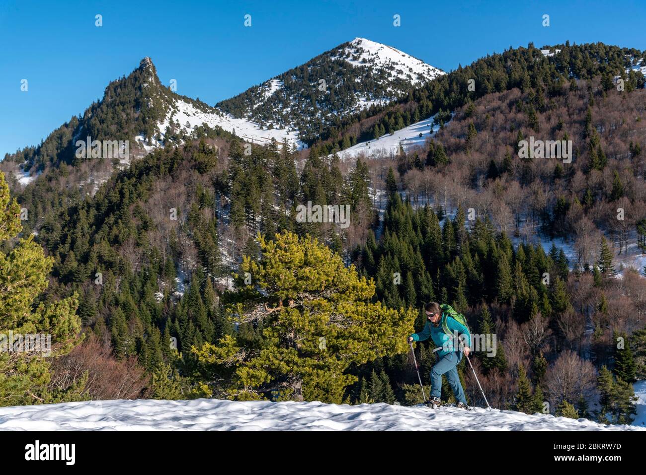 Francia, is?re (38), Parque Natural Regional Vercors, pase de LED, excursionista con raquetas de nieve Foto de stock