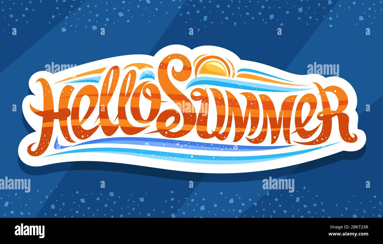 Vector letras Hola verano, cortar el logotipo de papel con fuente caligráfica rizado, olas marinas y de dibujos sol para el verano, volante con swirl Imagen Vector de
