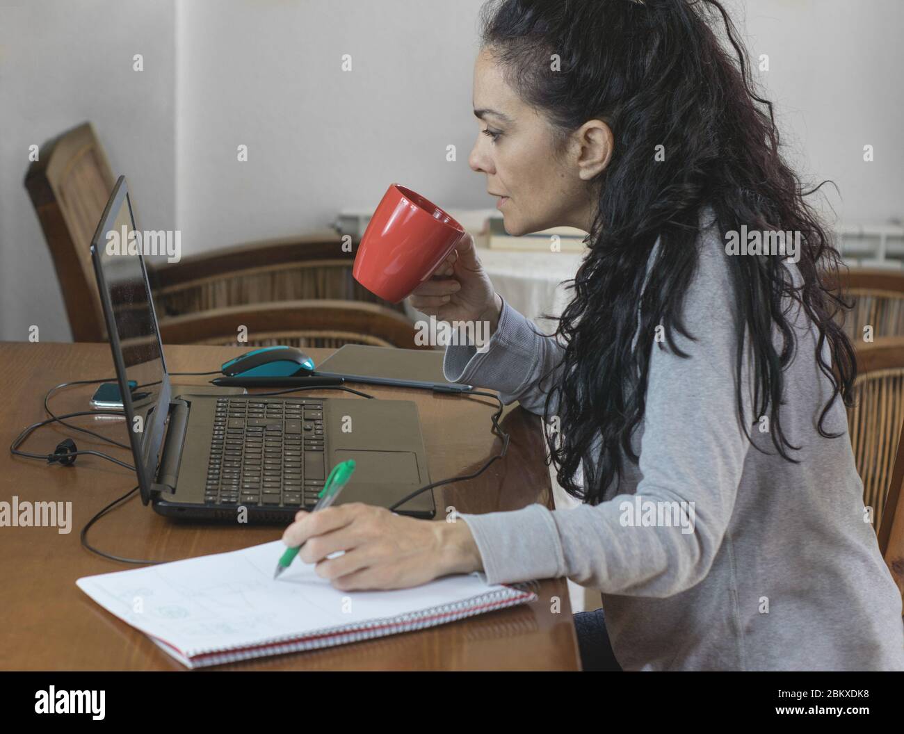 Mujer morena teletrabajo en casa para COVID-19, mirando el ordenador y bebiendo café Foto de stock