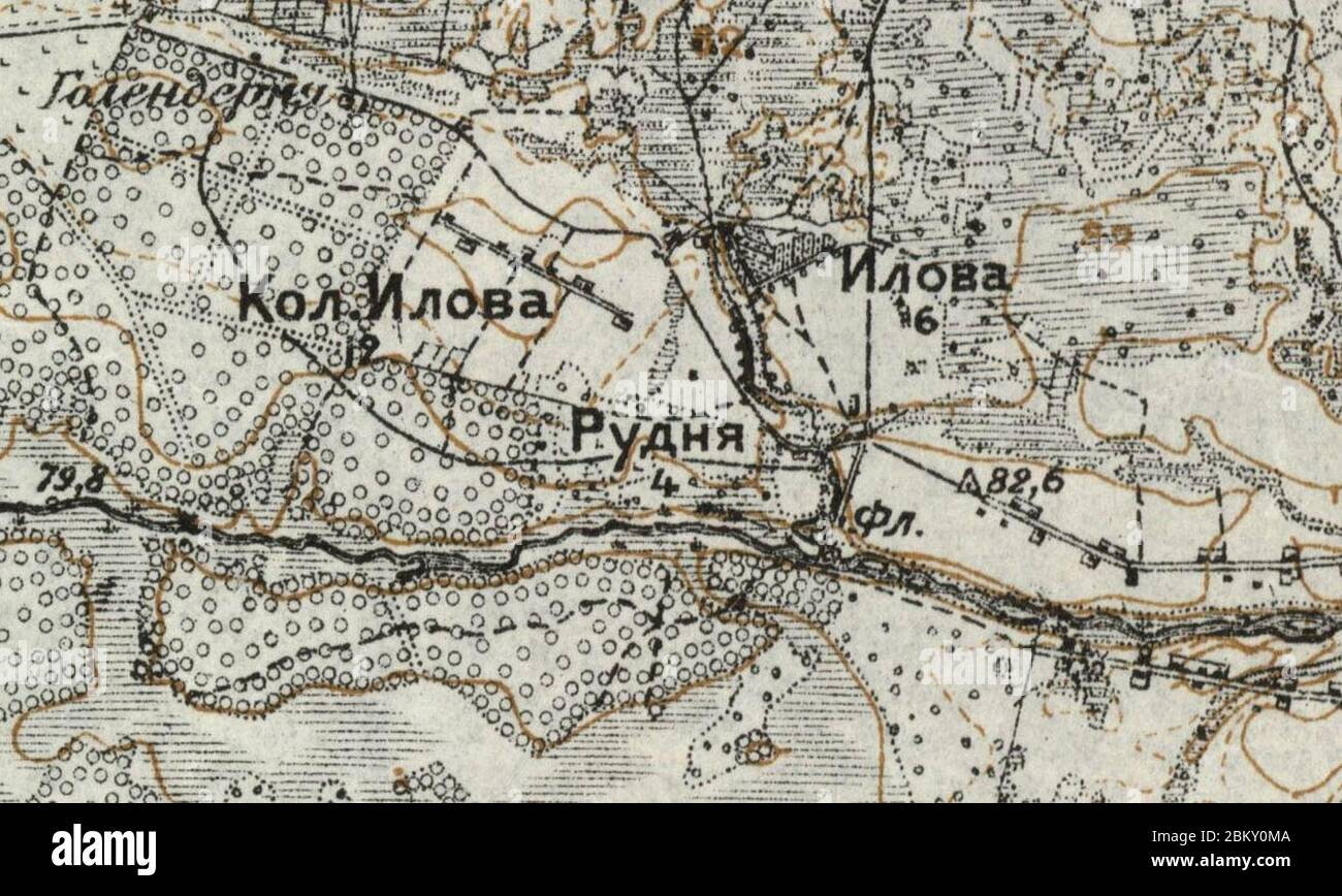 Ilowa Kolonia i Rudnia na rosyjskij mapie topograficznej z lat 1914-1917. Foto de stock