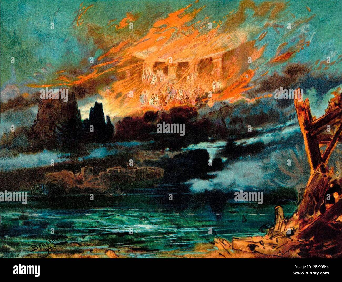 Escena final de Gotterdammerung - Valhalla en el fuego - Max Brückner - Otto Henning - Richard Wagner, 1894 Foto de stock