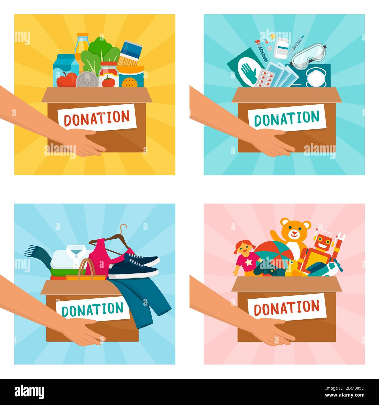 Voluntarios que tienen cajas de donación con alimentos, equipo médico, ropa y juguetes Ilustración del Vector
