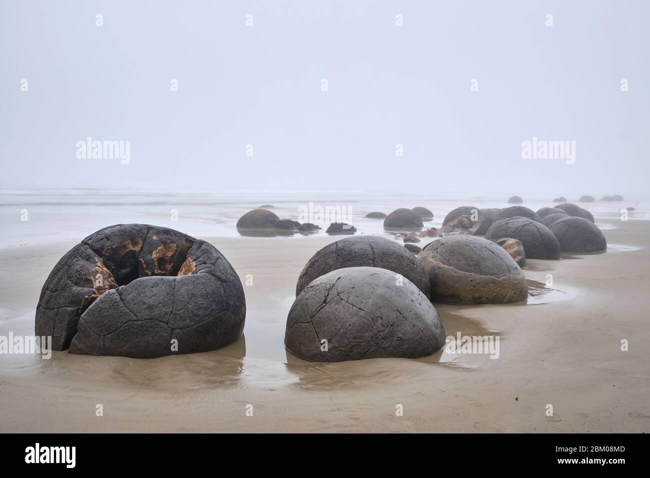 Extrañas formaciones rocosas creadas por la cementación de la piedra de barro del Paleoceno en la playa de Moeraki, temprano en la mañana de un día de niebla. Foto de stock