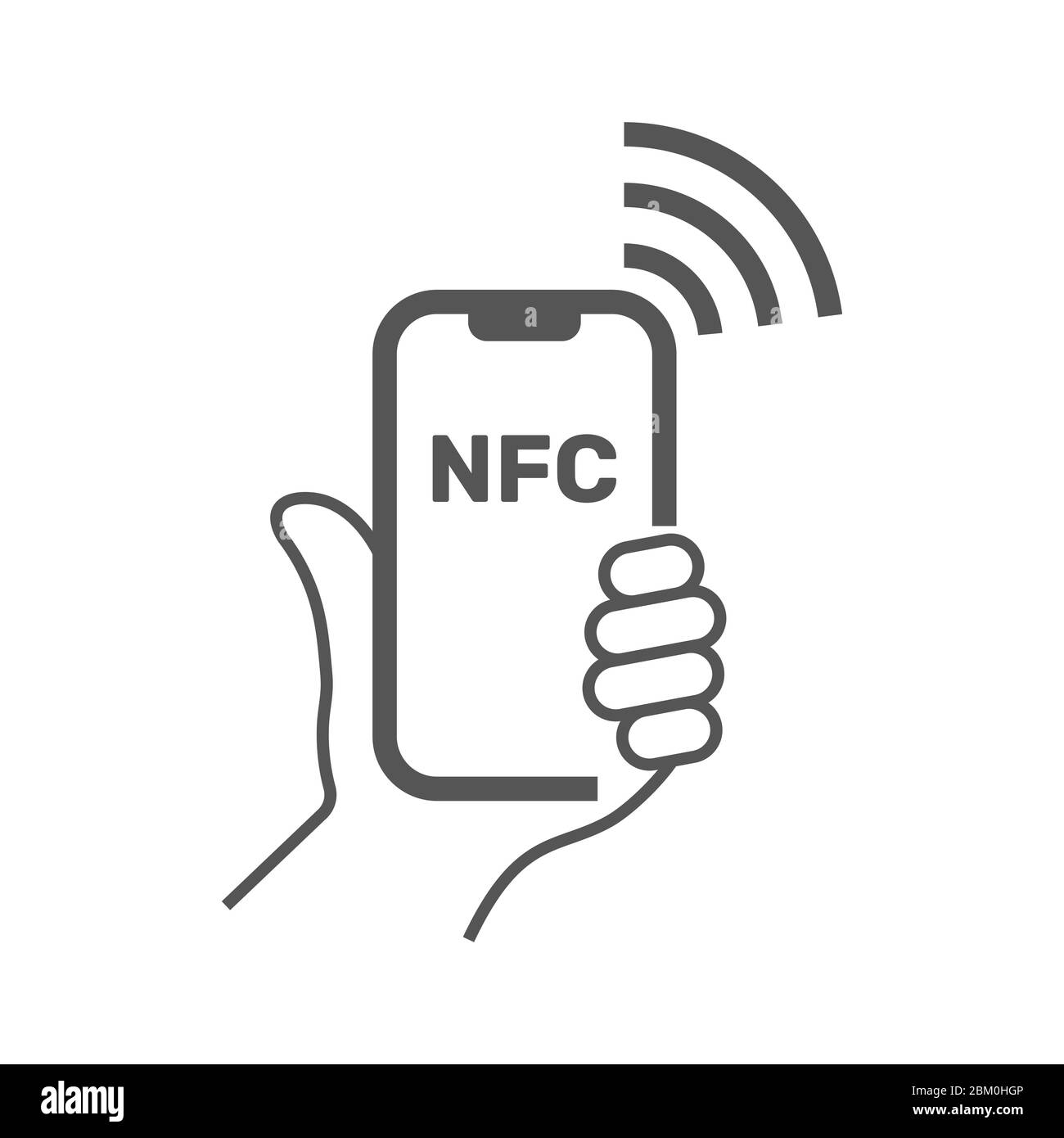 Near Field Communication, teléfono móvil con NFC módulo en mano, pago mediante smartphone, NFC línea vector icono de aplicaciones y sitios web. Trazo editable Ilustración del Vector