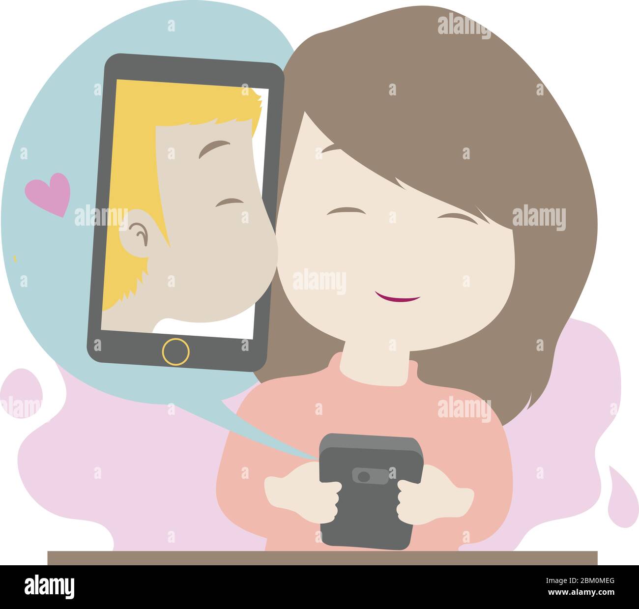Una chica se toma el tiempo de cuarentena para mostrar su amor a su amante a través de aplicaciones móviles y tecnología social Ilustración del Vector
