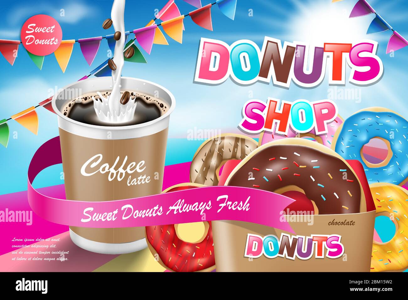 Deliciosos donuts con café latte. Publicidad para panadería o cafetería. Donuts de chocolate sobre fondo azul. Ilustración vectorial Ilustración del Vector