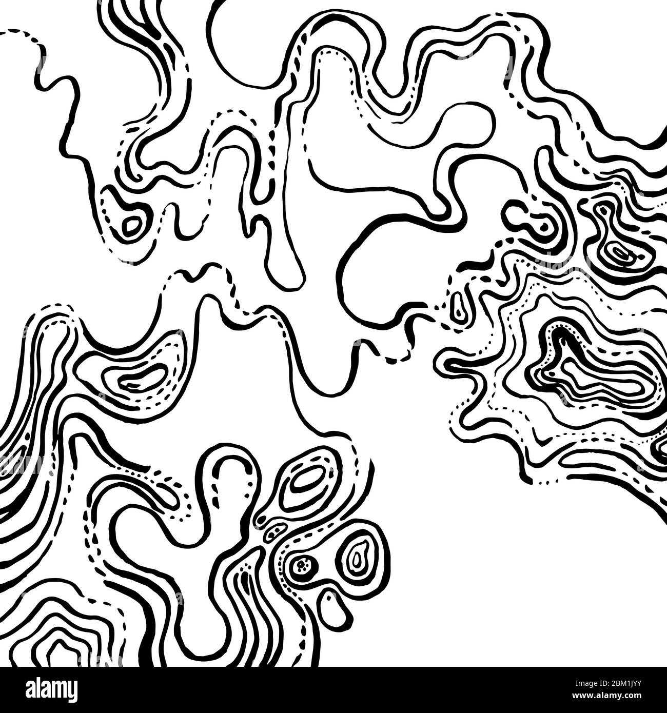 Fondo abstracto en blanco y negro. Muchas líneas curvas caóticas crean un patrón en la superficie, caótico y abstracto, gráficos dibujados a mano. Ilustración del Vector
