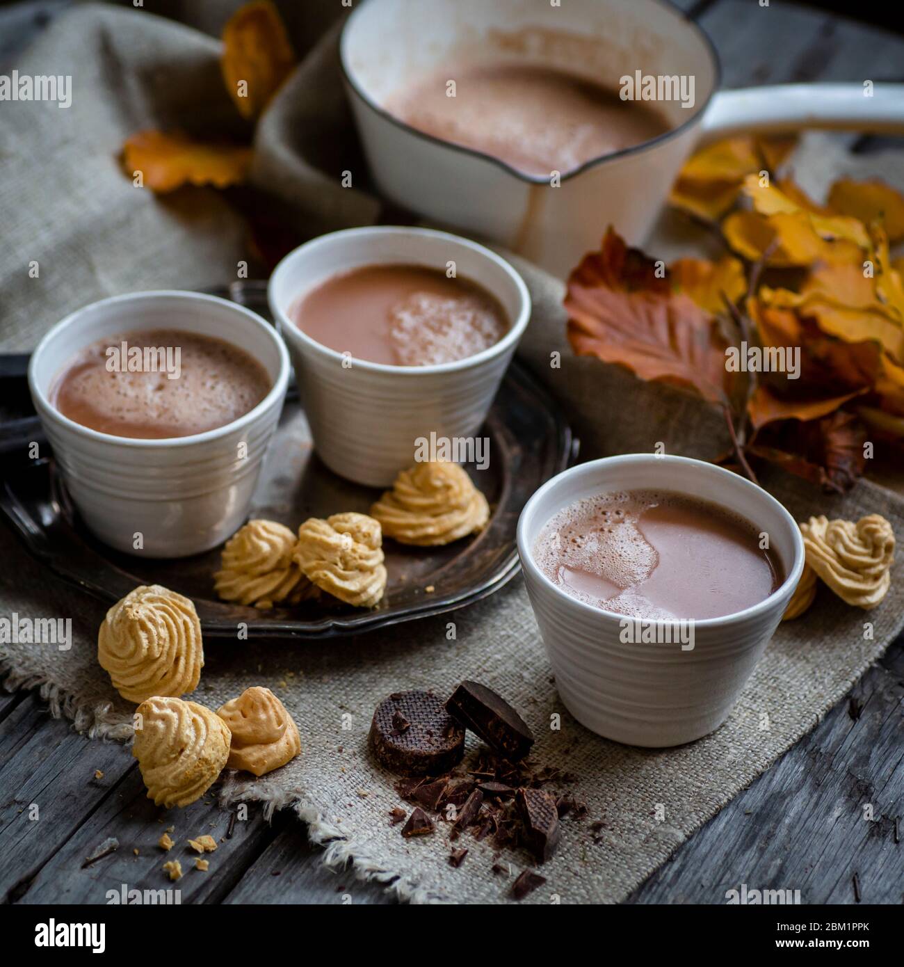 Sabroso arreglo con tazas y chocolate caliente y colores de otoño. Foto de stock