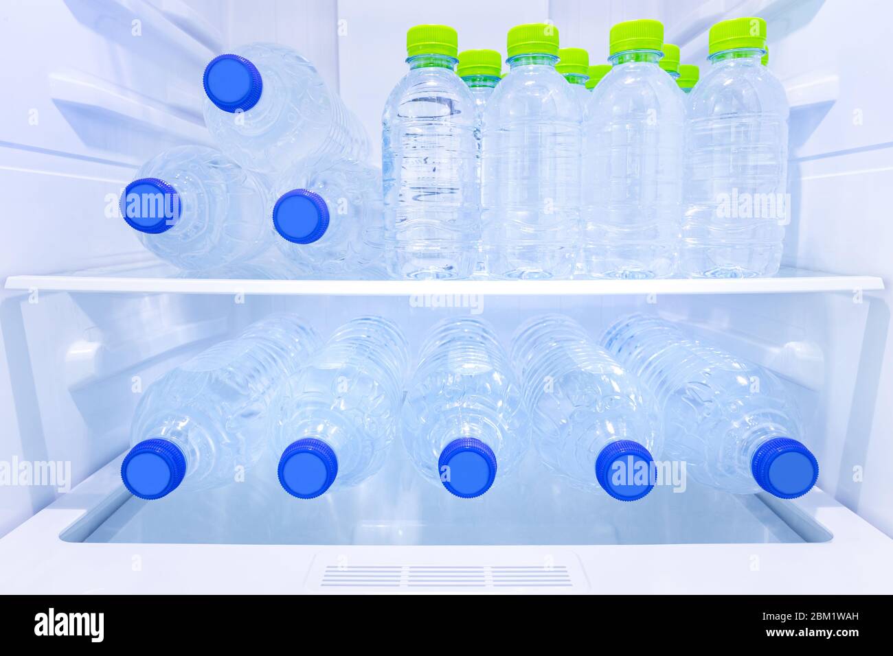 muchos minerales de agua potable fresca y limpia en botellas de plástico se  congelan en estante refrigerador o refrigerador en la cocina para agua fría  para la persona que lo desee Fotografía