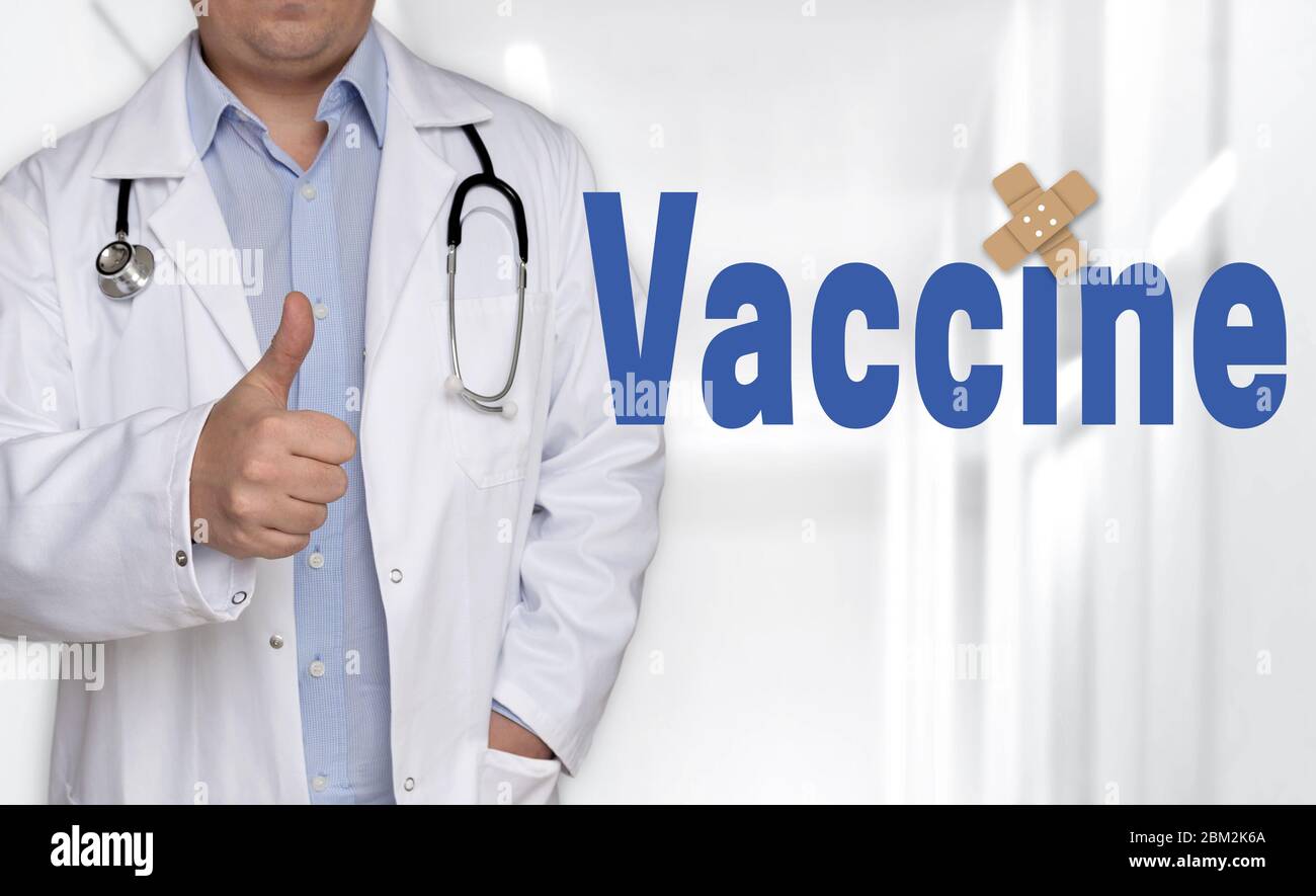 Concepto de vacuna y médico con pulgares para arriba. Foto de stock