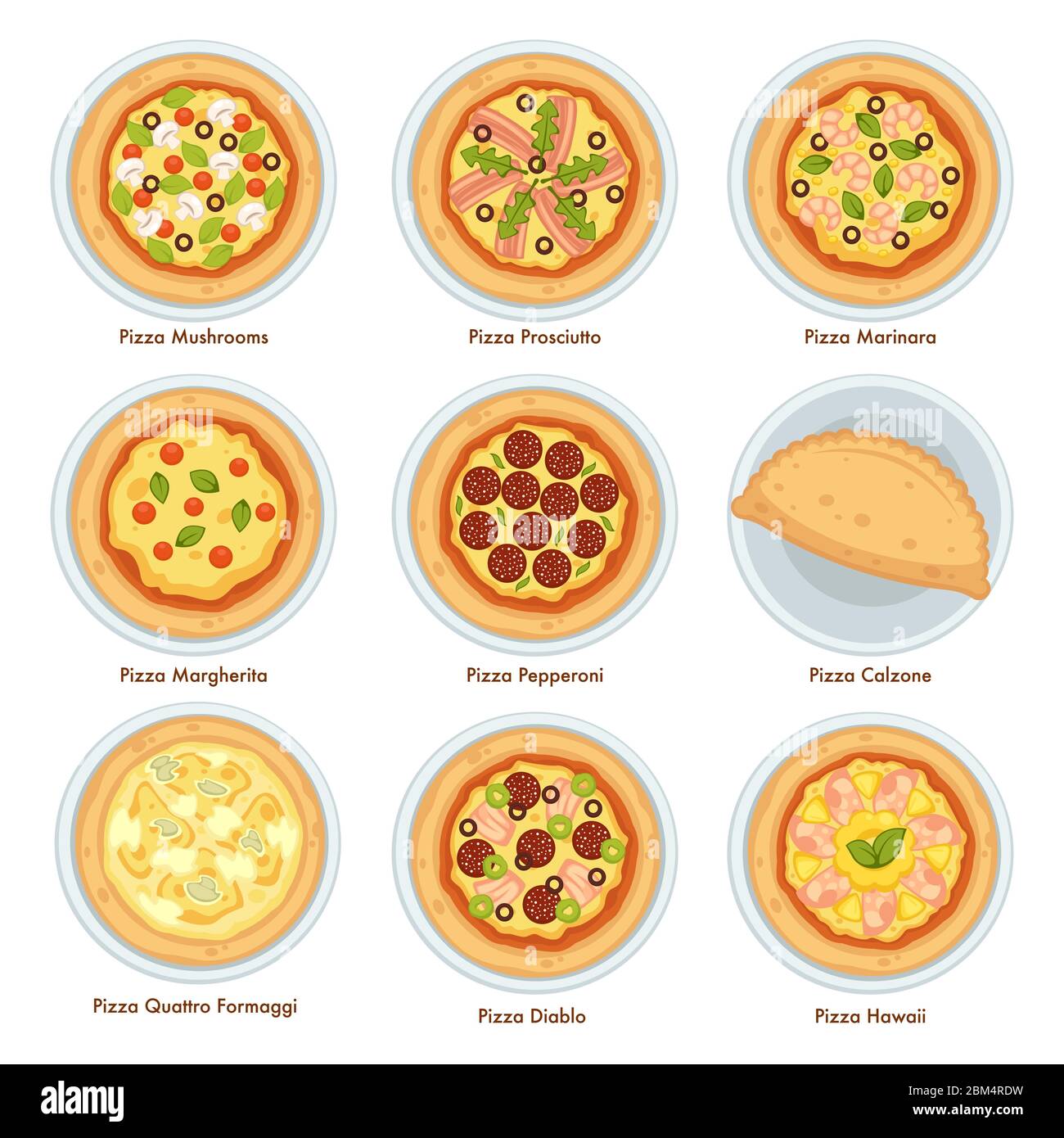Tipos de pizza, cocina italiana tradicional y comida baked Ilustración del Vector