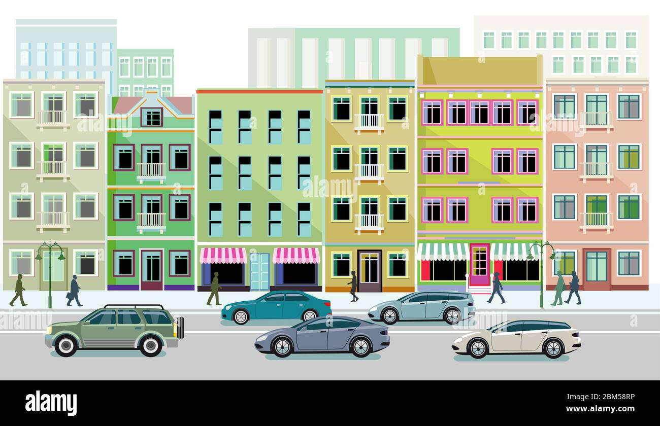 Ciudad con casas de tráfico y peatones Ilustración del Vector