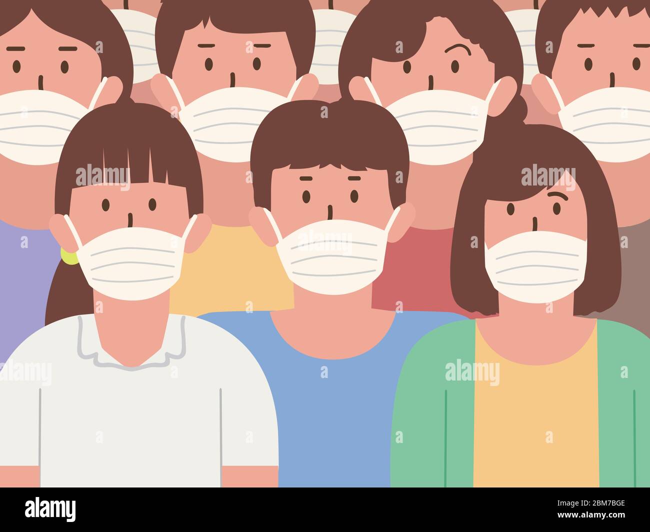 Personas en multitud usando máscara médica. Ilustración sobre la atención médica con artículos médicos de contaminación y pandemia. Ilustración del Vector